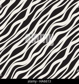 Vector Seamless Black and White Hand Drawn Diagonal Wavy Lines Pattern Stock Vector