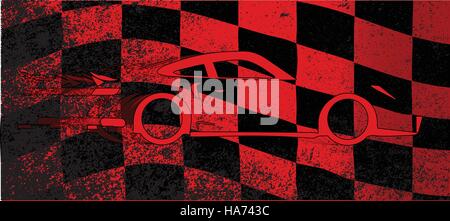 A dirty red and black grunge fx chequered race flag with a fast car Stock Vector