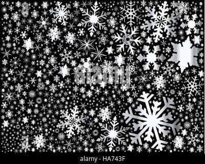 A fountain of silver christmas snowflakes on a black background. Stock Vector