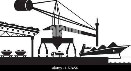 Unload raw materials from cargo ship - vector illustration Stock Vector