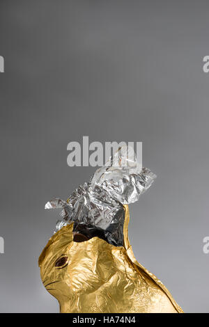 Chocolate Easter bunny, wrapped in shiny golden and silver aluminum foil, partially nibbled away, foil ripped open at the top Stock Photo