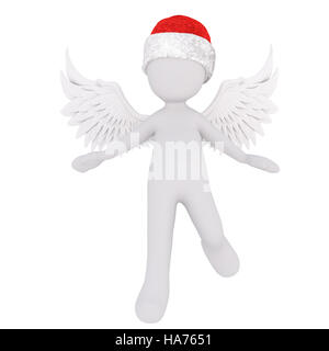 Cute little 3d Christmas angel wearing red Santa hat stepping forwards with open arms and raised wings, rendered illustration on white Stock Photo