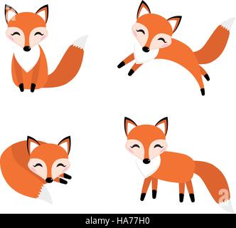 Cute fox set flat style. Foxy in different poses, sleeping, jumping, sitting. Character, mascot. Vector illustration. Stock Vector