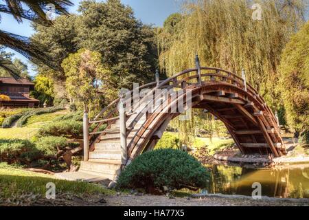 Los Angeles, CA, USA – November 25, 2016: Arched wooden bridge in the Japanese garden at the Huntington Botanical Gardens in Los Stock Photo