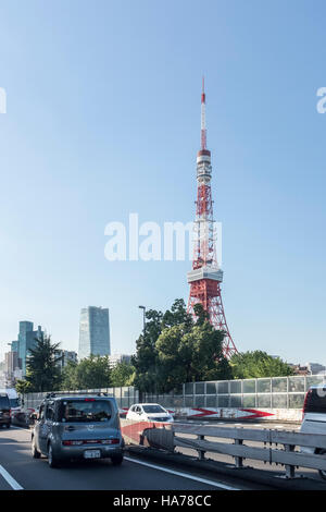 A view of Tokyo Tower from the highway in Tokyo, Japan. Stock Photo