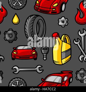 Car repair seamless pattern with service objects and items Stock Vector
