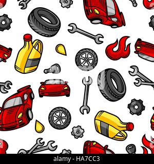 Car repair seamless pattern with service objects and items Stock Vector