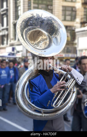 Veterans Day Parade; also known as America's Parade; marches up 5th Avenue in New York City. High school marching bands from around the country march. Stock Photo