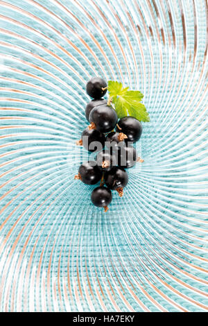 Black currants with small leaves on a glass plate Stock Photo