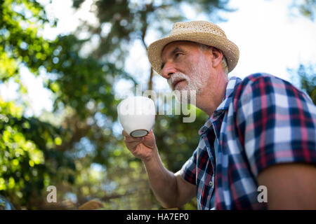 Senior man having coffee in garden Stock Photo