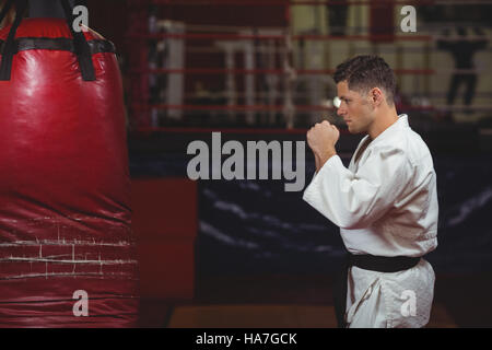 Karate player practicing on punching bag Stock Photo
