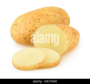 Isolated potatoes. Cut raw potato vegetables isolated on white background with clipping path Stock Photo