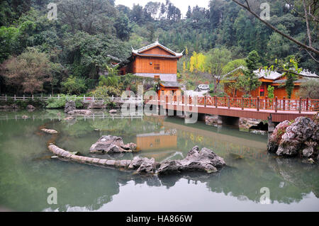 The beautiful Dragon Palace (Loong Palace), outcropping and walkway bridge is the largest water limestone cave area in China. Stock Photo