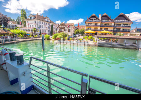 Immensee village from famous boat on Lake Zug on a sunny day with blue sky and clouds in summer, Switzerland Stock Photo