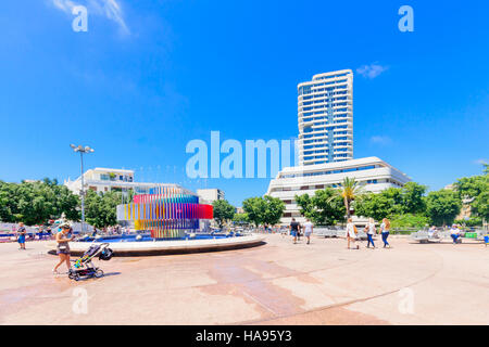 TEL AVIV, ISRAEL - MAY 15, 2015: Scene of the Dizengoff Square and the Agam kinetic sculpture fountain, with visitors, in Tel Aviv, Israel. Stock Photo