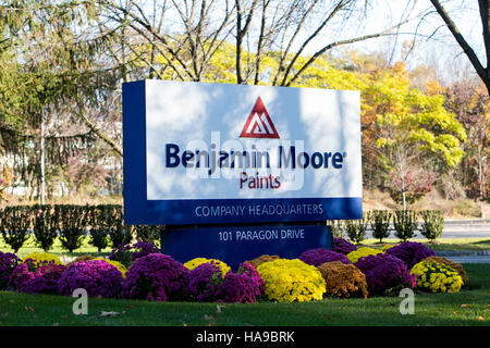 A logo sign outside of the headquarters of Benjamin Moore Paints in Montvale, New Jersey on November 5, 2016. Stock Photo