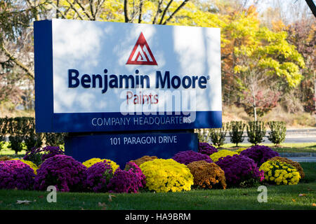 A logo sign outside of the headquarters of Benjamin Moore Paints in Montvale, New Jersey on November 5, 2016. Stock Photo