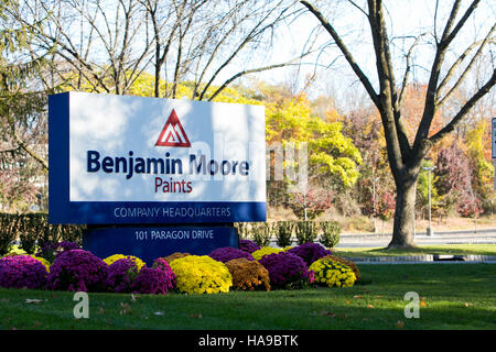 A logo sign outside of the headquarters of Benjamin Moore Paints in Montvale, New Jersey on November 5, 2016. Stock Photo