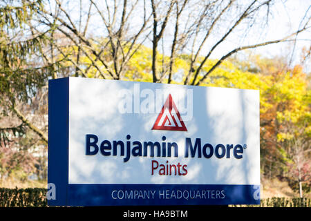 A logo sign outside of the headquarters of Benjamin Moore Paints in Montvale, New Jersey on November 5, 2016. Stock Photo