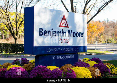 A logo sign outside of the headquarters of Benjamin Moore Paints in Montvale, New Jersey on November 5, 2016. Stock Photo