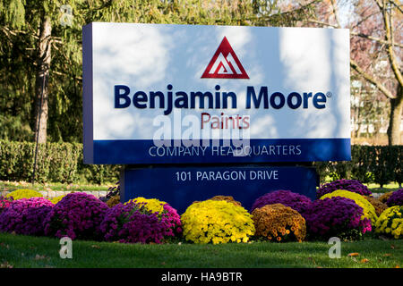 A logo sign outside of the headquarters of Benjamin Moore Paints in Montvale, New Jersey on November 5, 2016. Stock Photo