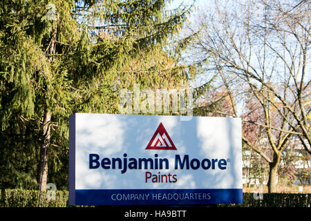 A logo sign outside of the headquarters of Benjamin Moore Paints in Montvale, New Jersey on November 5, 2016. Stock Photo