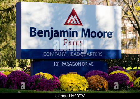 A logo sign outside of the headquarters of Benjamin Moore Paints in Montvale, New Jersey on November 5, 2016. Stock Photo