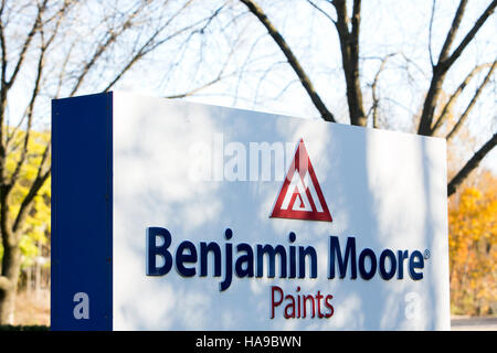 A logo sign outside of the headquarters of Benjamin Moore Paints in Montvale, New Jersey on November 5, 2016. Stock Photo