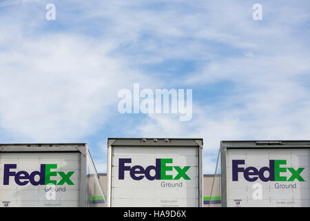 FedEx Ground logos on truck trailers lined up at a facility in Dayton, New Jersey on November 6, 2016. Stock Photo