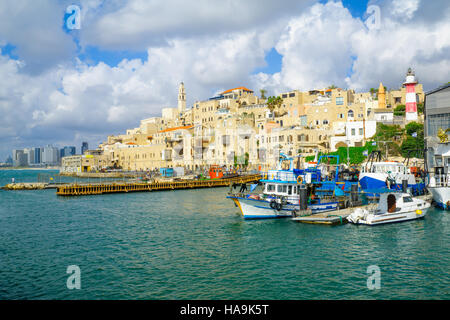 TEL-AVIV, ISRAEL - MAY 27, 2016: View of the Jaffa port and of the old city of Jaffa, with locals and visitors, now part of Tel-Aviv Yafo, Israel Stock Photo