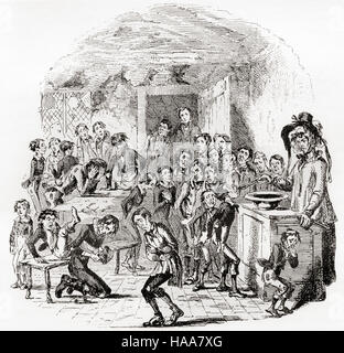 Brimstone Morning at Dotheboys Hall. Mrs Squeers administering a compulsory dose of brimstone and treacle to the starving pupils of Dotheboys Hall. Illustration from the novel Nicholas Nickleby by Charles Dickens. Stock Photo