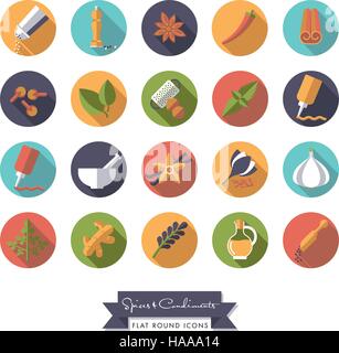 Collection of spices, condiments, herbs and seasoning flat design long shadow round icons Stock Vector