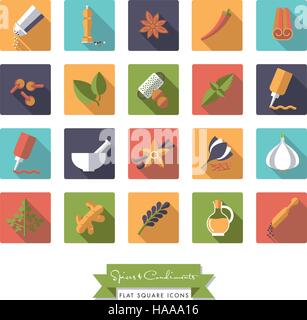 Collection of spices, condiments, herbs and seasoning flat design long shadow square icons Stock Vector