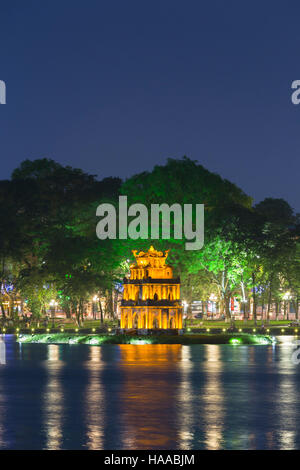 Thap Rua temple or Turtle Tower at night, Hoan Kiem lake, Hanoi, Vietnam