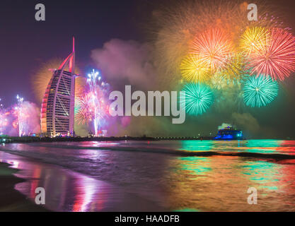 Burj Al Arab in Dubai Jumeirah Beach celebarating the new year eve Stock Photo