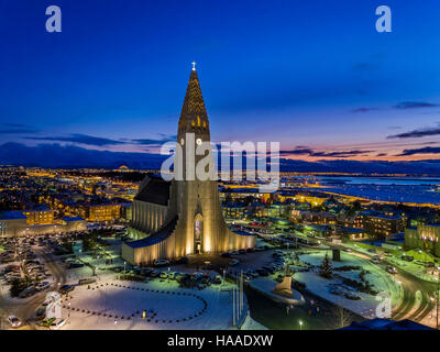 Hallgrimskirkja Church, Reykjavik Iceland. This image is shot using a drone. Stock Photo