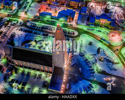 Top view of Hallgrimskirkja Church, Reykjavik, Iceland. This image is shot using a drone. Stock Photo