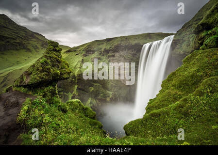 Skogafoss waterfall in southern Iceland viewed from above. Long exposure. Stock Photo