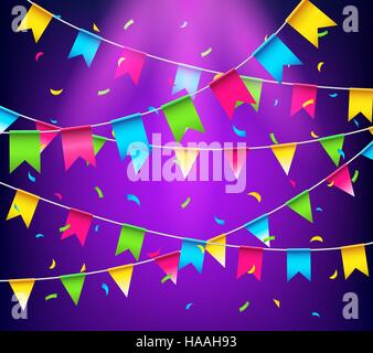 Multicolored bright buntings garlands. Celebrate banner. Party flags with confetti Stock Vector
