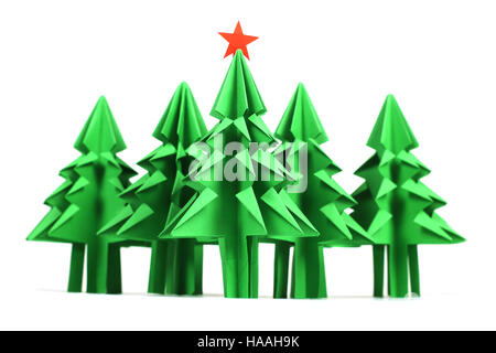Green origami christmas trees isolated on white background Stock Photo