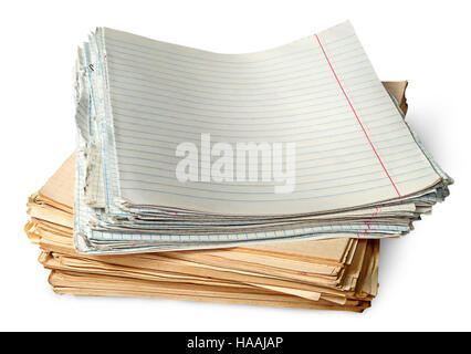 Stack of old yellowed sheets of school notebooks isolated on white background Stock Photo
