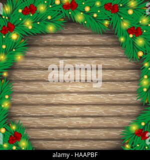 Christmas tree, and decorative elements on background of boards Stock Vector