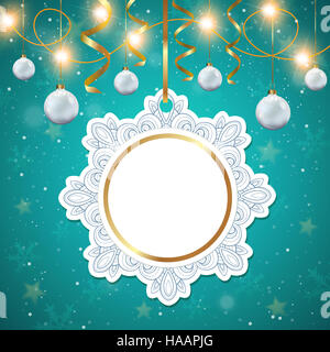 Decorative round Christmas banner with white decorations on a green background. Stock Photo