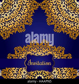 Rich gold invitation card in the Indian style. Bohemian Cards with mandalas. Royal blue and gold. Unique cards for design or backdrop. Stock Vector