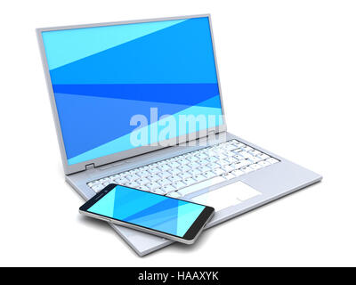 3d illustration of laptop computer with mobile phone, over white background Stock Photo