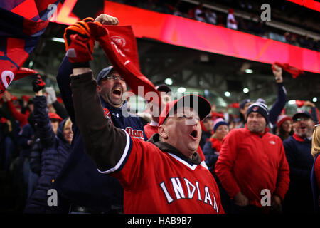 Cleveland, OH, USA. 30th Oct, 2016. CLEVELAND, OH - OCTOBER 26 .Joey Kracheck cheers after the indians scored during game 5 of the World Series between the Cleveland Indians and the Chicago Cubs. Kracheck was at a watch party at Progressive Field in downtown Cleveland, Ohio. (Michael F. McElroy © Michael F. Mcelroy/ZUMA Wire/Alamy Live News Stock Photo