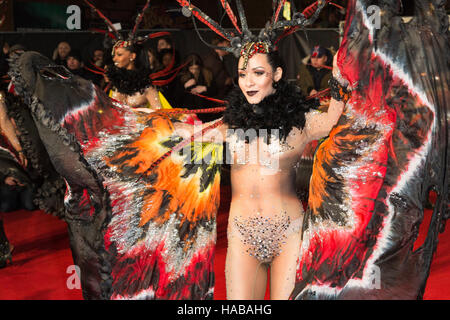 London, UK. 28 November 2016. Carnival dancers. Red carpet arrivals for the World Premiere of 'I Am Bolt', a documentary about Jamaican running legend Usain Bolt in Leicester Square, London. Credit:  Nick Savage/Alamy Live News Stock Photo