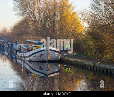 Tottenham Marshes, London, UK 29th November 2016. Cyclists experience a frosty commute along the river Lee navigation towpath in Tottenham on a clear November morning. Credit:  Patricia Phillips/ Alamy Live news Stock Photo