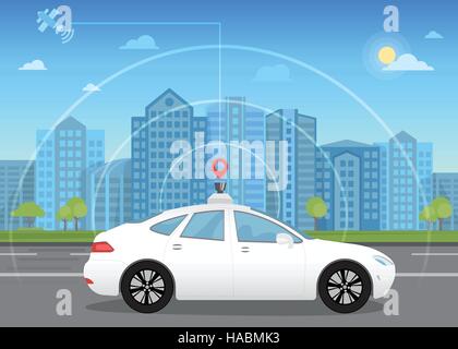 Self-driving intelligent driverless car goes through the city using modern navigation Stock Vector