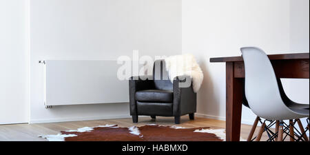 Armchair destroyed by a cat in a white loft Stock Photo